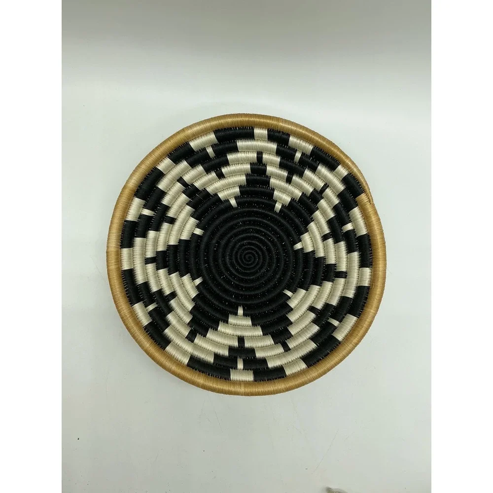 Woven Sisal Wall Basket Bowl Black Cream Geometric Boho Tribal Decor 8 Inch
